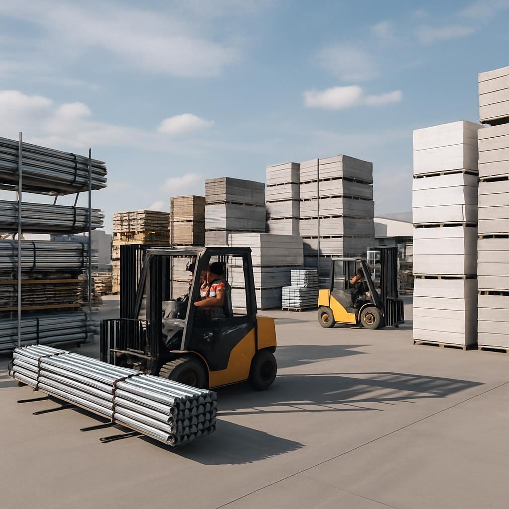 an active industrial outdoor storage yard with stacked materials, forklifts operating, and visible movement in the laydown area, all under natural daylight