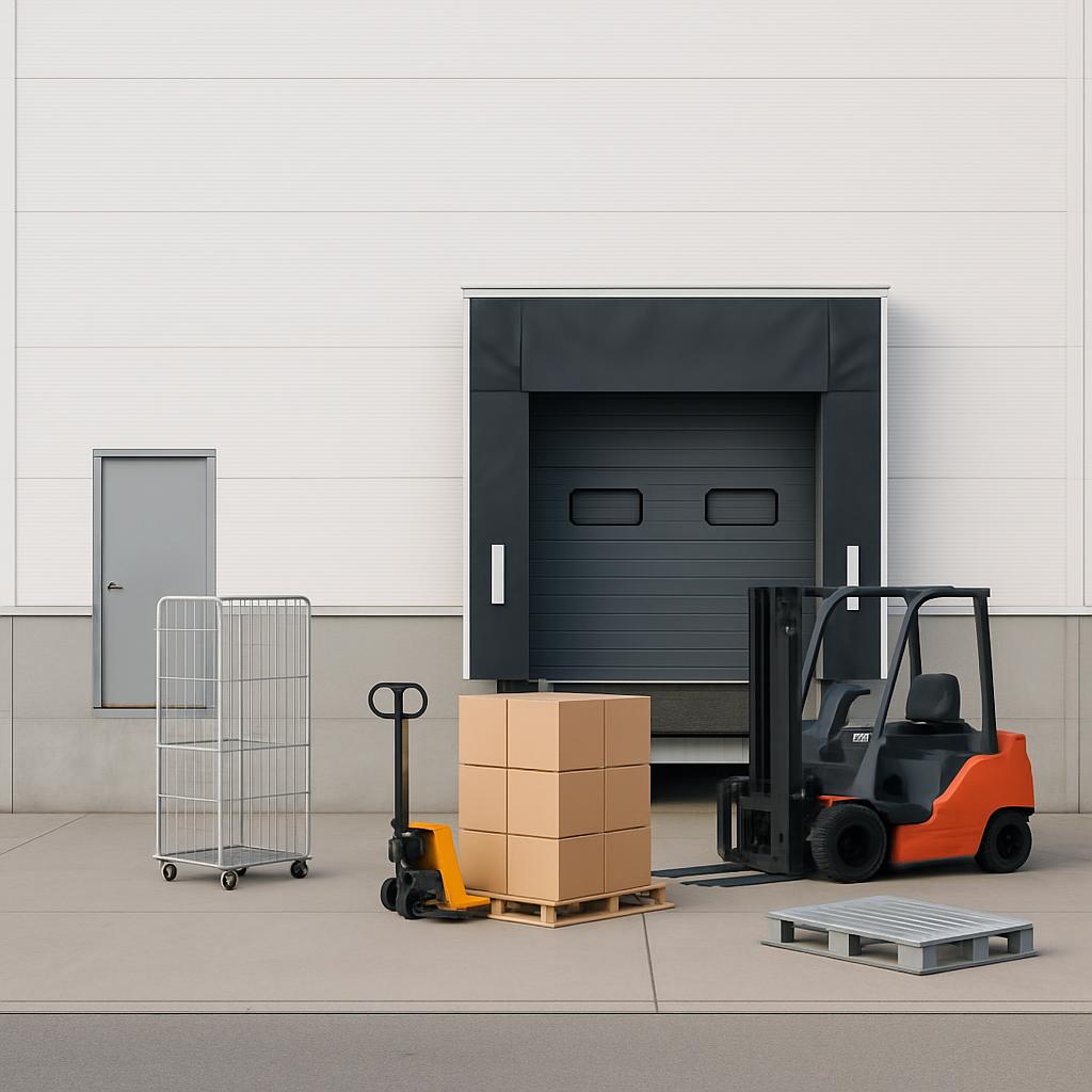 Warehouse loading dock with door and wares.