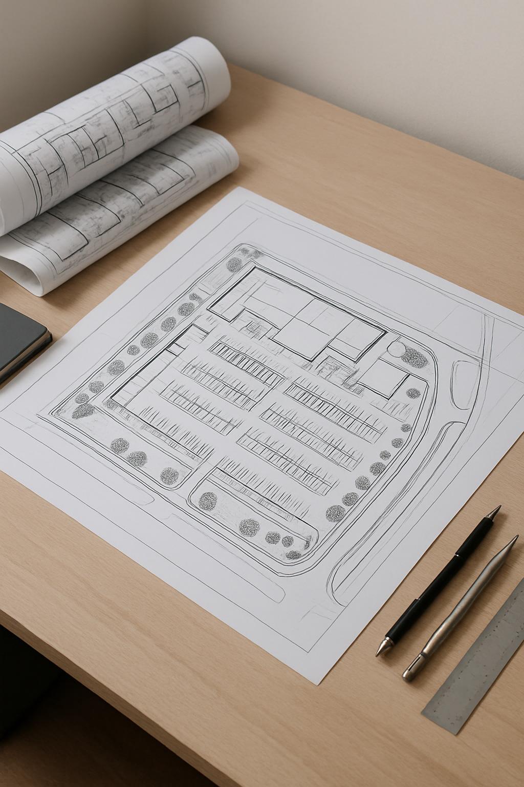 detailed architectural plan on a desk with pencils and rulers.