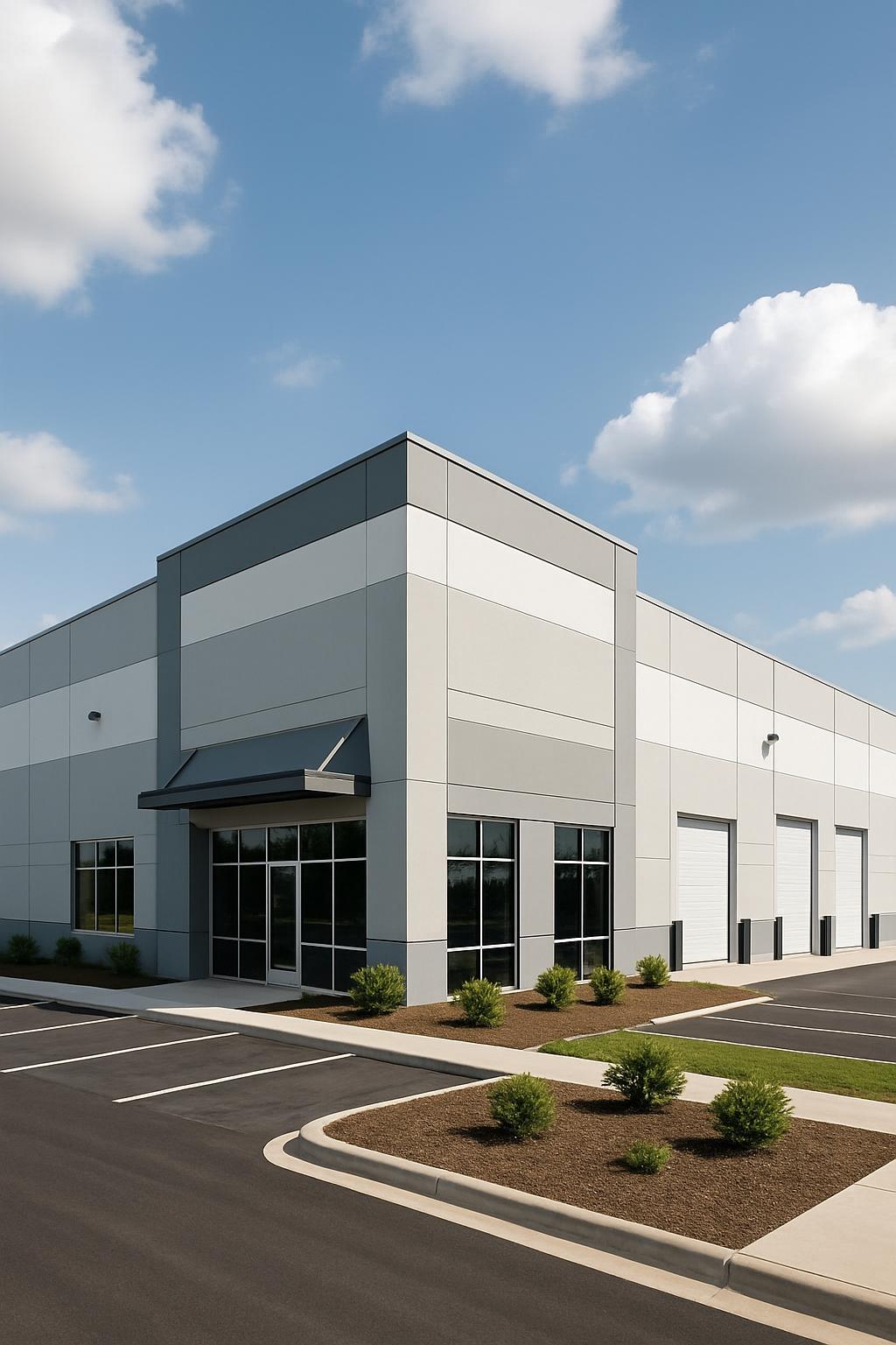 An exterior photograph of a large grey industrial warehouse building with a flat roof and large windows.