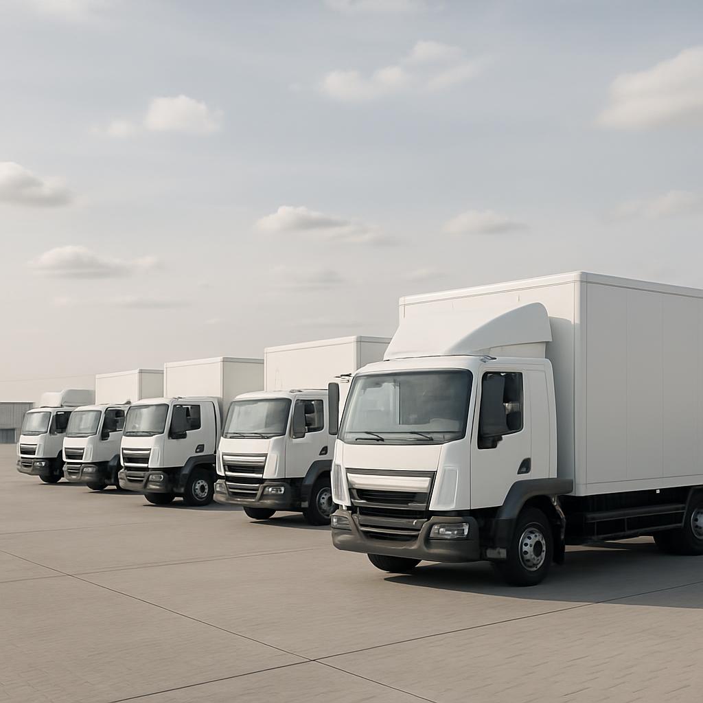 A long line of white box trucks parked in a lot on a cloudy day.